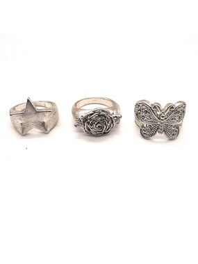 Urban Outfitters 3 Silver Tone Rings Star Rose Butterfly  sz 7 Y2K layers whimsy